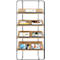 Grijze boekenkast met houten planken, gevuld met tijdschriften en boeken.