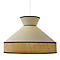 Hanglamp met een lichte lampenkap. Een deel is lichtbeige, daaronder een band van licht raffia.