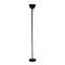 Black and grey floor lamp with a round base and a conical lampshade.