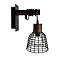 Wandlamp met zwart metalen rooster, hout en donker frame. Inclusief gloeilamp.