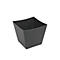 Dunkelgrauer, quadratischer Blumentopf mit leicht geschwungenen Kanten. Auf weißem Hintergrund.