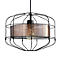 Lampe suspendue avec design en cage métallique, abat-jour cuivré, ampoule au centre.