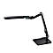 Zwarte bureaulamp met flexibele arm en rechthoekige voet.