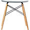 Stool with gray seat and wooden legs, connected by black struts.