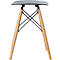A stool with a gray seat and wooden legs connected by black struts.