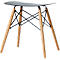 Small stool with grey seat, wooden legs and black strut construction.