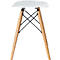 White stool, square-rounded seat, wooden legs, black metal struts.