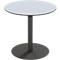 Table de bistro ronde blanche avec un pied central gris sur une base ronde grise.