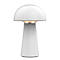 Une lampe de table blanche en forme de champignon. L'abat-jour est rond et la base est conique. L'espace entre l'abat-jour et la base brille.