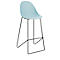 A bar stool with a light blue seat and black metal frame. The chair stands against a white background.