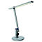 Een moderne, zilveren bureaulamp met LED-verlichting en een ronde voet.