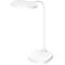 Witte LED bureaulamp, ronde lichtkop, gebogen arm, vierkante voet. Aan/uit schakelaar.