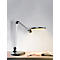 Een zilveren bureaulamp met een ronde lampkop die een gelige verlichting geeft. Op een bureau naast een open boek.
