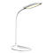 Weiße LED-Schreibtischlampe, gebogen und mit Touch-Steuerung. Das Leuchtmittel ist oval und strahlt helles Licht aus.