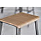 Stool with wooden top. Grainy plate, rounded edges. Metal legs, close-up.