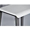 Close-up of a table edge with rounded white surfaces and metal frame. The edge is smooth and modern in design.