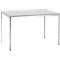 A rectangular table with a light grey tabletop and silver legs.