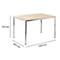 A rectangular table with a light brown table top and silver legs. Dimensions are indicated.