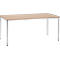 Rectangular table with light brown tabletop and metal legs. The table legs are narrow and silver.