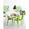 Dining room with green chairs, table, and lamp. On the table: breakfast with the inscription: Good morning!