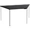 Triangular table with black top and silver legs. A modern design.