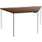 Triangular wooden table with shiny metal legs. The table top is made of wood, in dark brown.