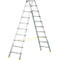 A silver A-frame ladder stands freely. Yellow safety straps connect the ladder feet.