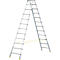 Aluminum ladder with yellow rubber feet and a yellow connecting piece, joining the two sides.