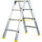 Aluminum folding ladder with yellow feet and struts. The ladder stands stable on the floor.