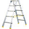 A silver stepladder with yellow feet and yellow bar. The ladder stands against a white background.