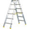 A silver ladder stands upright against a white background. Yellow feet and struts stabilize the ladder.