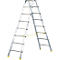 A silver double ladder stands upright. Yellow rubber covers on the feet and a yellow band between the rungs.
