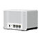 Weiße WLAN-Box mit Lüftungsschlitzen, Stromanschluss, Reset-Taste und drei Ethernet-Ports vor neutralem Hintergrund.