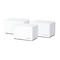 Drei weiße Mercusys Halo WLAN-Mesh-Router in rechteckigem Design vor weißem Hintergrund.