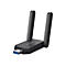 Schwarzer Mercusys WLAN-USB-Adapter mit zwei ausklappbaren Antennen und blauem USB-Anschluss vor weißem Hintergrund.