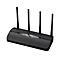 Schwarzer WLAN-Router mit vier Antennen, vor weißem Hintergrund.