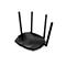Routeur Wi-Fi noir avec quatre antennes sur fond blanc. L'appareil présente des motifs géométriques sur le dessus.