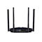 Routeur noir avec quatre antennes. Des connecteurs et des étiquettes sont visibles à l'arrière.