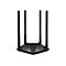 Schwarzer Mercusys WLAN-Router mit vier vertikalen Antennen vor weißem Hintergrund.