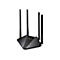 Schwarzer Mercusys WLAN-Router mit vier stehenden Antennen auf weißem Hintergrund.