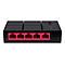 Schwarzer 5-Port-Netzwerk-Switch von Mercusys mit fünf pinken Ethernet-Anschlüssen vor neutralem Hintergrund.