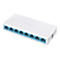 Weißer Mercusys 8-Port Netzwerk-Switch mit blauen RJ45-Anschlüssen vor neutralem Hintergrund.
