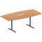 Mesa de madera con patas de metal y panel de conexión central. La tapa es de color marrón claro, las patas son grises.