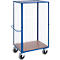 Blue grid cart with four wheels, transport cart with wooden plate.
