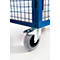 Close-up of a blue transport cart with a gray wheel on a white background.