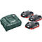 Chargeur et batteries Metabo. Le chargeur est vert, les batteries sont noires avec des bas rouges.
