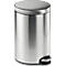 Cylindrical stainless steel pedal bin with lid and footrest.