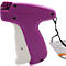 Paarse textiellabelpistool met witte handgreep en zwart koord.