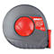 Ruban à mesurer gris avec bouton rouge et poignée rouge. L'étiquette indique "SOLA Satellite 30m/10mm EC-Class II, Made in England".