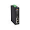 Ein schwarzer PoE-Konverter mit grünen Anschlüssen und Anschlüssen für Daten und Strom.